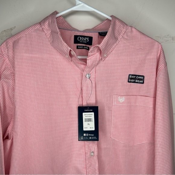New Chaps Men’s Easy Care Button Down Plaid Shirt Long Pink White XL BNWT - Picture 2 of 5